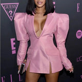 GETADME 이브닝 아프리카 드레스 핑크 스트리트웨어 여성 미니 섹시 클럽웨어 노치 칼라 긴팔 V넥 나이트 아프리카 드레스 블레이저