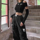 GETADME Patchwork Black T-shirts Gothic One Shoulder Sleeve Y2k Crop Tops Ruffles Hem Hip Hop Techwear Women Tees