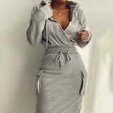 Getadme-Christmas Autumn Winter Casual Long Sleeve V Neck Lowcut Grey Dress Flap Detail Drawstring Waist Hooded Sweatshirt Dress
