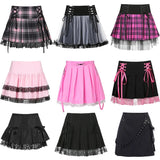 Getadme-E-girl Gothic Lace Mini Pleated Skirt Women Punk Y2K Aesthetic High Waist A-Line Short Skirt 90s Vintage Harajuku Streetwear