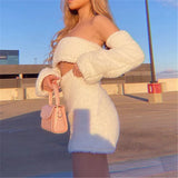 GETADME Two Piece White Fluffy Plush Sets Women Separate Long Sleeve Sexy Tops And Short Skirt Fashion Christmas Party Slim Girls Sets