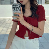 GETADME Short Sleeve T-shirts Women Slim Solid Lace O-neck Single Breasted Trendy Chic Sweet Lovely Ulzzang Simple Streetwear Knitted