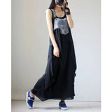 GETADME 2025 Summer New Elegant Women's Dress Loose Denim Patchwork Chiffon Overalls Sexy Suspender Dress Spaghetti Strap Robe KE903