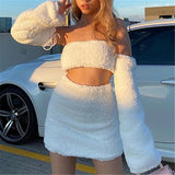 GETADME Two Piece White Fluffy Plush Sets Women Separate Long Sleeve Sexy Tops And Short Skirt Fashion Christmas Party Slim Girls Sets