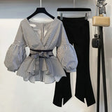 summer elegant 2 piece women outfits korean matching two piece pant set clothing 2023 fashion crop tops suits stripe v neck