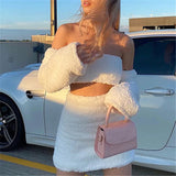 GETADME Two Piece White Fluffy Plush Sets Women Separate Long Sleeve Sexy Tops And Short Skirt Fashion Christmas Party Slim Girls Sets