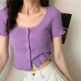 GETADME Short Sleeve T-shirts Women Slim Solid Lace O-neck Single Breasted Trendy Chic Sweet Lovely Ulzzang Simple Streetwear Knitted