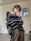 Getadme- Women Punk Gothic Striped Long Sleeve Loose Patchwork Sweater Hip Hop Retro Oversize Pullover Casual Knitted Jumpers