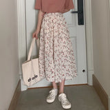 GETADME Vintage Floral Print A-line Pleated Long Skirts Summer Women 2026 Korean Skirt Streetwear Drawstring Elastic Waist Midi Skirt