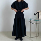 GETADME Oversized Summer Vintage 2 Two Piece Skirts Sets Women Outfits Puff Sleeve Crop Top and Elastic Waist Pleat Long A-line Skirt