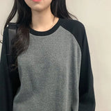 New Female T-shirt Grey O Neck Contrast Color Long Sleeve T Shirt Loose Autumn Tee Tops for Women Shirts Patchwork