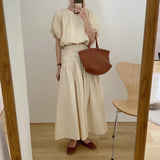 GETADME Oversized Summer Vintage 2 Two Piece Skirts Sets Women Outfits Puff Sleeve Crop Top and Elastic Waist Pleat Long A-line Skirt