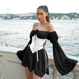 GETADME hirigin Womens Puff Sleeve Off Shoulder Dresses Lace Up Swing Dress Ruffle Mesh Party Mini Dress and Body Shaper Bustier Corset