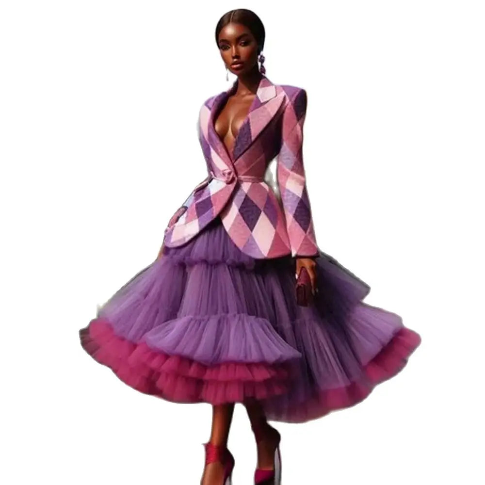 GETADME HOBBY Bicolor Color Purple A-line Tulle Ball Gown Mid-Calf Ruffled Woman Clothes Plus Size Customized High Waist Skirts