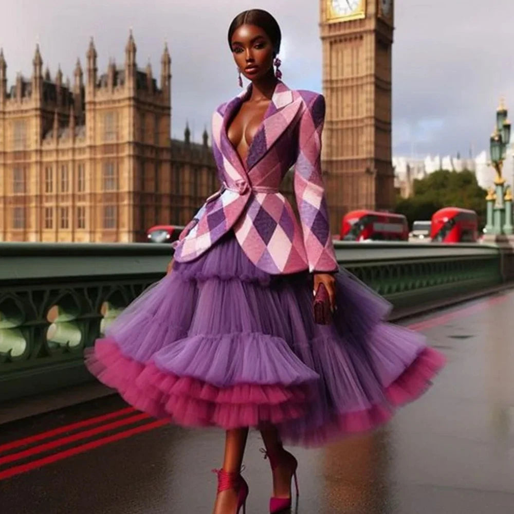 GETADME HOBBY Bicolor Color Purple A-line Tulle Ball Gown Mid-Calf Ruffled Woman Clothes Plus Size Customized High Waist Skirts