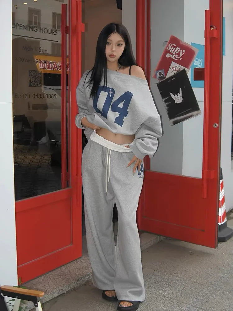 GETADME HOUZHOU Casual 2 Piece Sets Women Outfit Pant Sets Oversized Korean Style Jersey Set Vintage Letter Print Off Shoulder Tracksuit