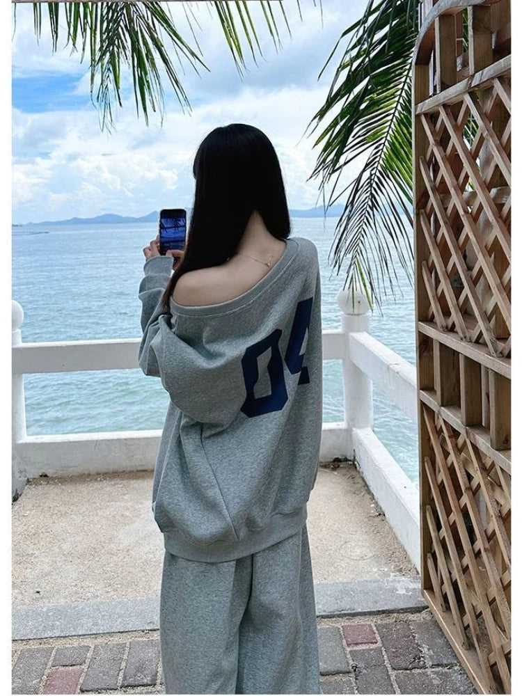 GETADME HOUZHOU Casual 2 Piece Sets Women Outfit Pant Sets Oversized Korean Style Jersey Set Vintage Letter Print Off Shoulder Tracksuit