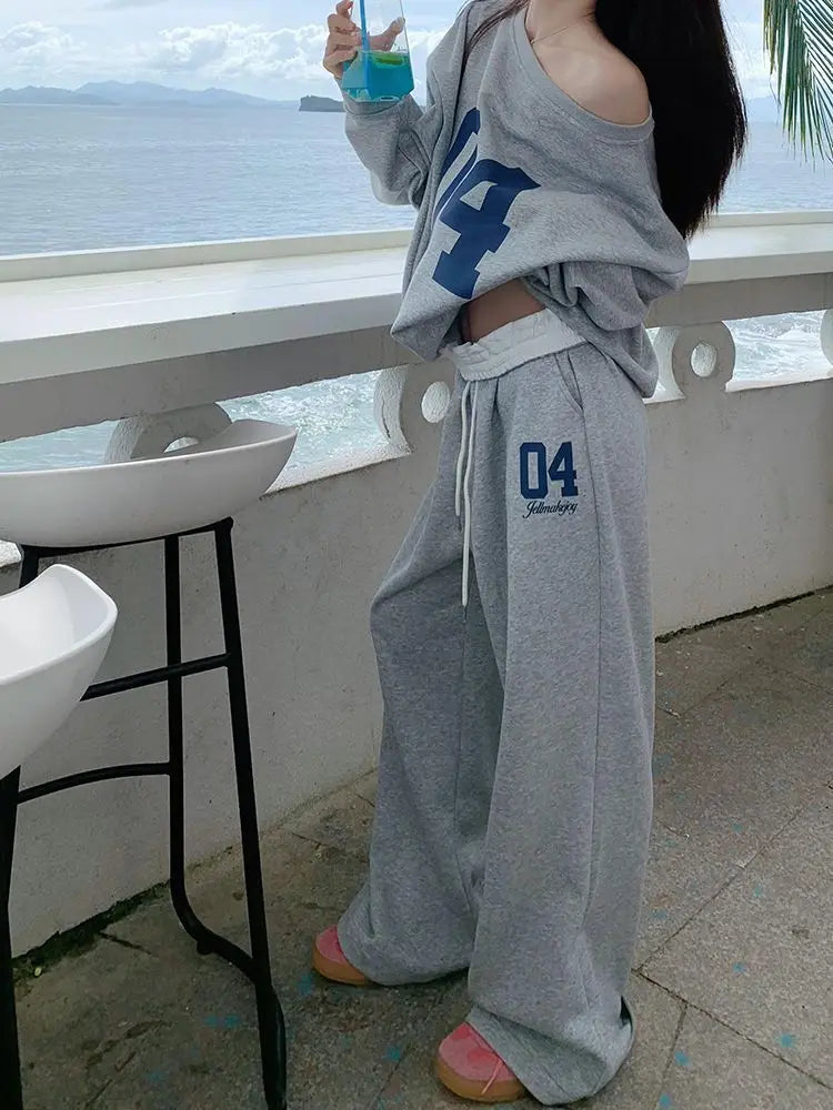 GETADME HOUZHOU Casual 2 Piece Sets Women Outfit Pant Sets Oversized Korean Style Jersey Set Vintage Letter Print Off Shoulder Tracksuit