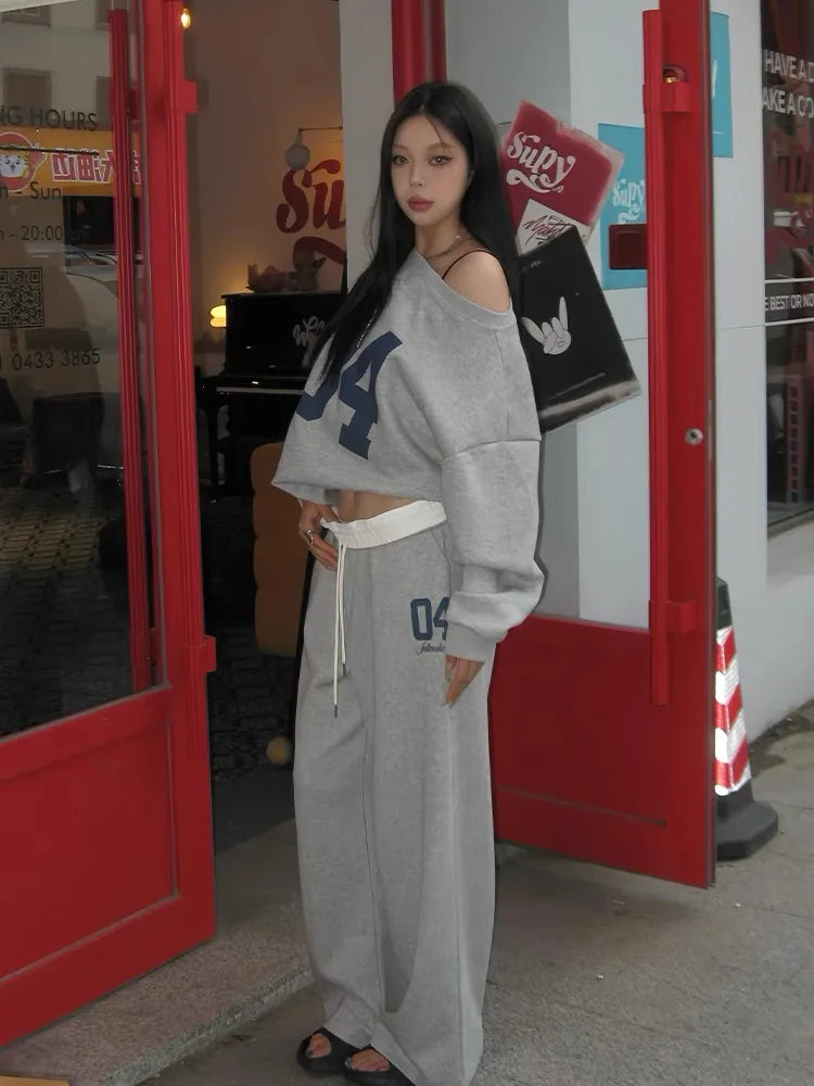 GETADME HOUZHOU Casual 2 Piece Sets Women Outfit Pant Sets Oversized Korean Style Jersey Set Vintage Letter Print Off Shoulder Tracksuit