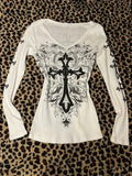 GETADME HOUZHOU Gothic Graphic White T-shirts Women Vintage Y2k Grunge T-shirt Harajuku American Retro Sexy V-neck Tees Aesthetic Tops
