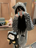 GETADME HOUZHOU Kawaii Cuteore Patchwork Hoodies Women Japanese Style Y2k Striped Patchwork Cartoon Print Loose Sweatshirt Soft Girl