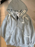 GETADME Korean Y2k Vintage Zip-up Hoodies Woman Gray Preppy Harajuku Kawaii Oversized Sweatshirts Laces Patchwork Outerwears