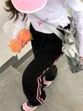 GETADME HOUZHOU Pink Striped Sweatpants Women Preppy High Waist Loose Casual Trousers Korean Fashion Kpop Streetwear Wide Leg Pants