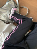 GETADME HOUZHOU Pink Striped Sweatpants Women Preppy High Waist Loose Casual Trousers Korean Fashion Kpop Streetwear Wide Leg Pants