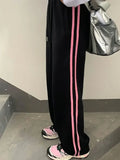 GETADME HOUZHOU Pink Striped Sweatpants Women Preppy High Waist Loose Casual Trousers Korean Fashion Kpop Streetwear Wide Leg Pants
