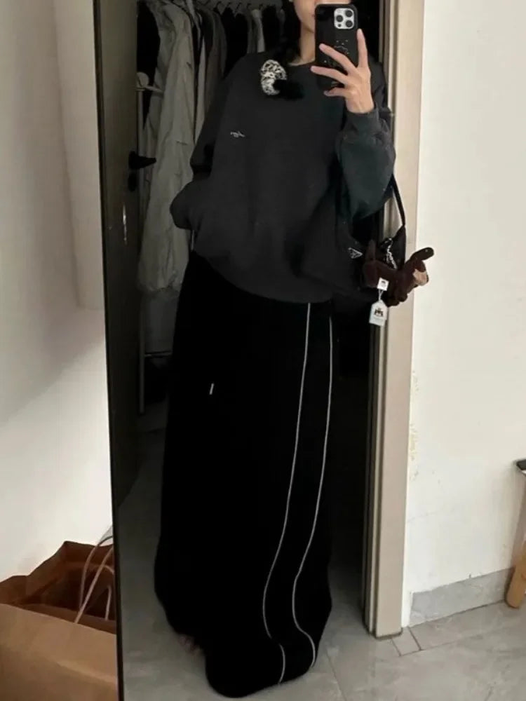 Getadme Vintage Baggy Black Striped Sweatpants Warm Y2k Oversize Woman Korean Harajuku Pants Thick Casual Trousers Winter Fall