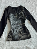 Getadme Vintage Gothic T-shirts Women Y2k Black Punk Graphic T-shirt Grunge Retro Sexy V-neck Cotton Tees Aesthetic Harajuku Top