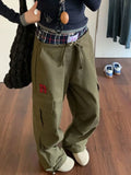 GETADME HOUZHOU Vintage Y2k Cargo Pants Women Baggy Embroidery Plaid Patchwork Trousers Slacks High Street Harajuku Wide Leg Sweatpants