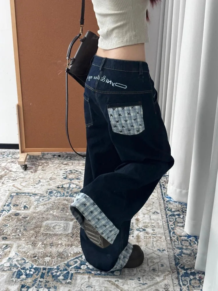 GETADME HOUZHOU Y2k Embroidery Baggy Jeans Women Vintage Plaid Patchwork Denim Trousers Harajuku Korean Sweet Oversized Jeans Cutecore