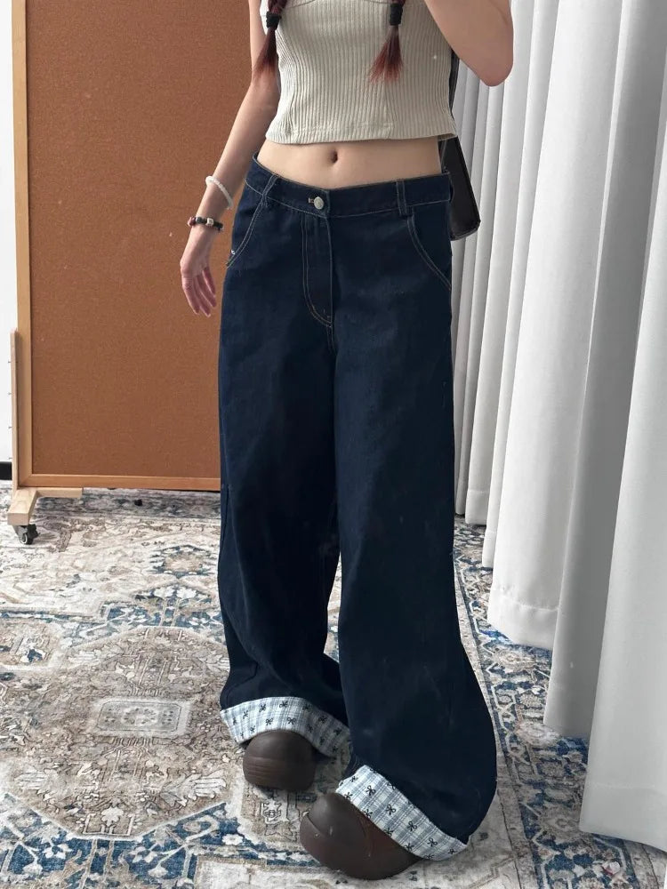 GETADME HOUZHOU Y2k Embroidery Baggy Jeans Women Vintage Plaid Patchwork Denim Trousers Harajuku Korean Sweet Oversized Jeans Cutecore