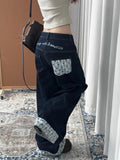 GETADME HOUZHOU Y2k Embroidery Baggy Jeans Women Vintage Plaid Patchwork Denim Trousers Harajuku Korean Sweet Oversized Jeans Cutecore