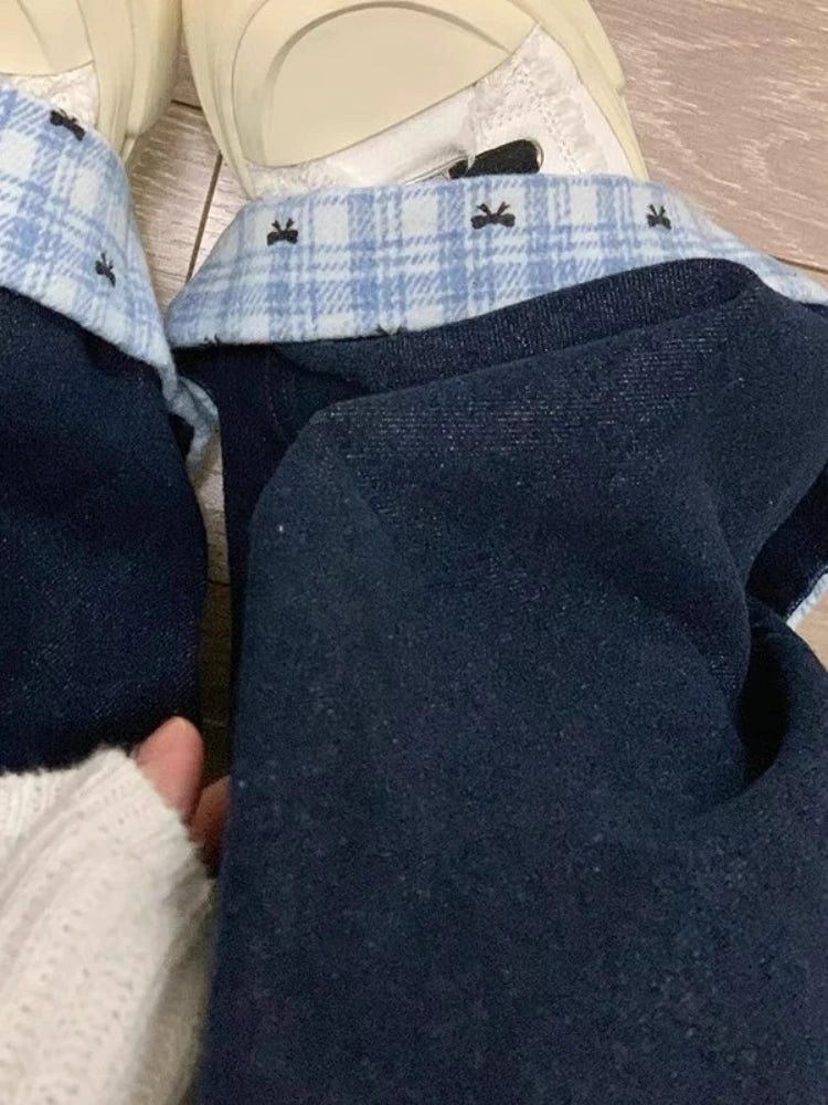 GETADME HOUZHOU Y2k Embroidery Baggy Jeans Women Vintage Plaid Patchwork Denim Trousers Harajuku Korean Sweet Oversized Jeans Cutecore