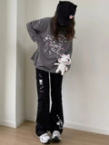 GETADME HOUZHOU Y2k Harajuku Striped Patchwork Hoodies Women Japanese Style Grunge Gothic Cartoon Print Loose Sweatshirt 2025 Soft Girl
