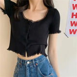 GETADME Short Sleeve T-shirts Women Slim Solid Lace O-neck Single Breasted Trendy Chic Sweet Lovely Ulzzang Simple Streetwear Knitted