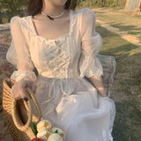 GETADME 2026 Spring Lace Sweet Elegant Dress Women Evening Party One Piece Dress Korean Kawaii Short Sleeve Dress Female Square Collar