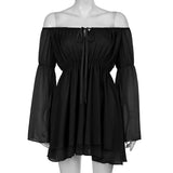 GETADME hirigin Womens Puff Sleeve Off Shoulder Dresses Lace Up Swing Dress Ruffle Mesh Party Mini Dress and Body Shaper Bustier Corset