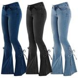 Getadme-Plus Size Spring Outfits High Waist Bandage Stretch Flare Jeans Vintage Streetwear Lace Up Outfit Bell Bottom Patchwork Goth Denim Pant Y2k