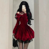 GETADME Halloween Autumn Red Y2k Vintage Dress Woman Lace Patchwork Design Elegant Mini Dress Female Bow Princess Chic Clothing 2025 New
