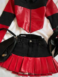 GETADME 하라주쿠 핫걸 스트리트웨어 투피스 세트 여성복 레트로 고스 신상 Y2K 스커트 세트 긴팔 가죽 지퍼 재킷