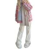 GETADME 하라주쿠 카와이 화이트 코듀로이 팬츠 여성 일본 스타일 스위트 큐트 와이드 레그 팬츠 자수 여성스러운 플리스 팬츠