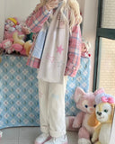 GETADME 하라주쿠 카와이 화이트 코듀로이 팬츠 여성 일본 스타일 스위트 큐트 와이드 레그 팬츠 자수 여성스러운 플리스 팬츠