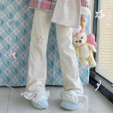 GETADME 하라주쿠 카와이 화이트 코듀로이 팬츠 여성 일본 스타일 스위트 큐트 와이드 레그 팬츠 자수 여성스러운 플리스 팬츠