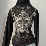 GETADME Harajuku New Gothic Rhinestone Print Hip Hop Zipper Hoodie American Retro Design Classic Punk Slim Hot Girl Black Jacket y2k