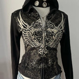 GETADME Harajuku New Gothic Rhinestone Print Hip Hop Zipper Hoodie American Retro Design Classic Punk Slim Hot Girl Black Jacket y2k