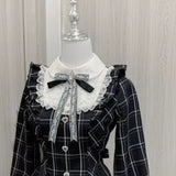 GETADME Harajuku Sweet Bow Black Plaid Dresses All-match Slim Fit Kawaii Lolita Dress for Women Autumn New Long Sleeve Vestidos De Mujer