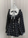 GETADME Harajuku Sweet Bow Black Plaid Dresses All-match Slim Fit Kawaii Lolita Dress for Women Autumn New Long Sleeve Vestidos De Mujer